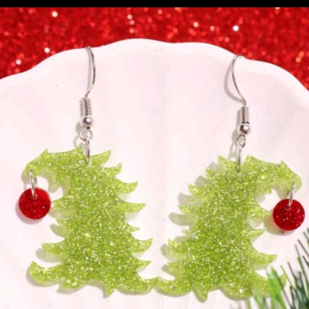 Glittery Green Christmas Tree Earrings